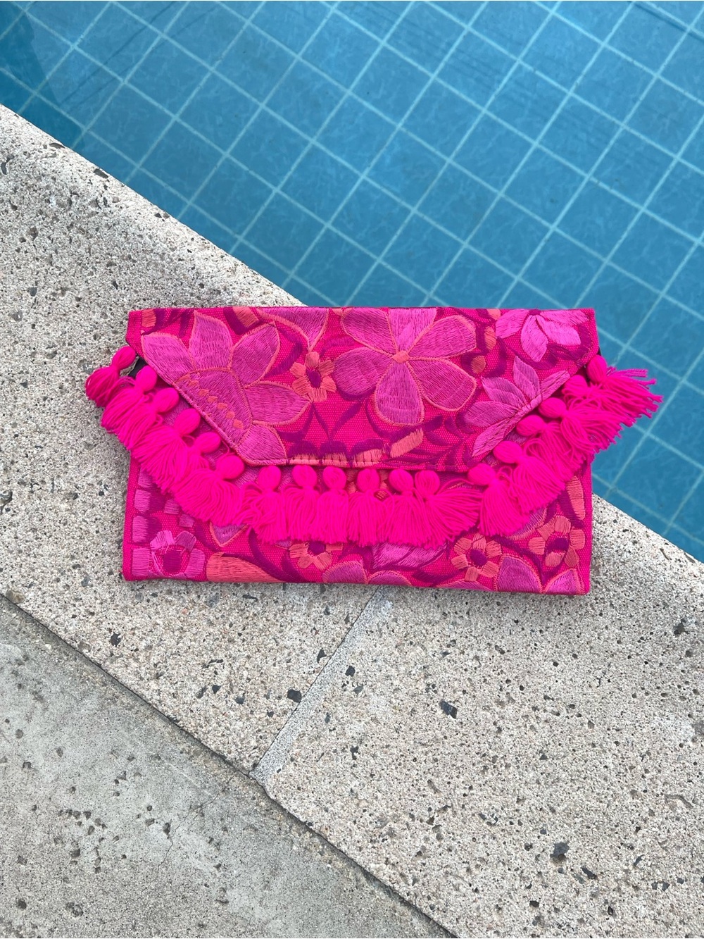 Handmade Mexican Hot Pink Floral Tassel Envelope Clutch